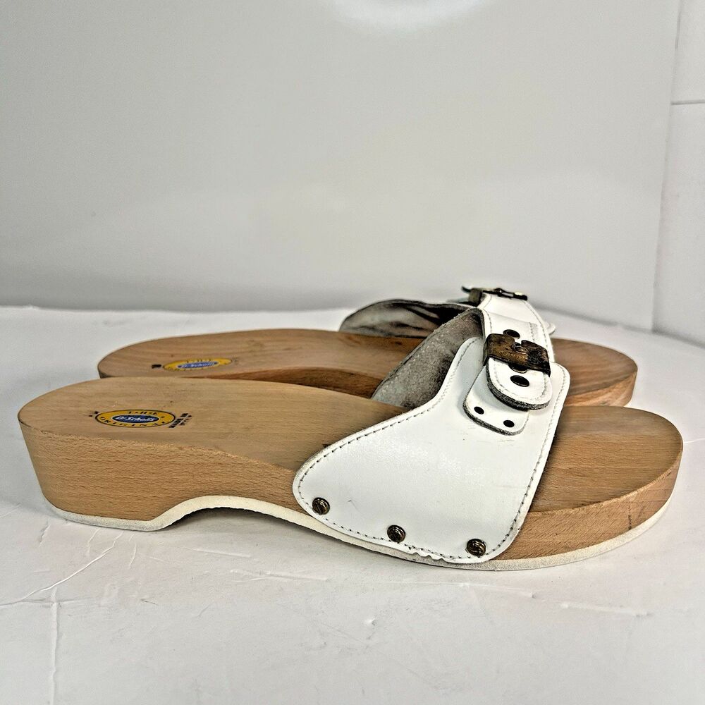 Dr Scholl’s Original Wooden Exercise Sandals white Leather Size 10 Italy Slide
